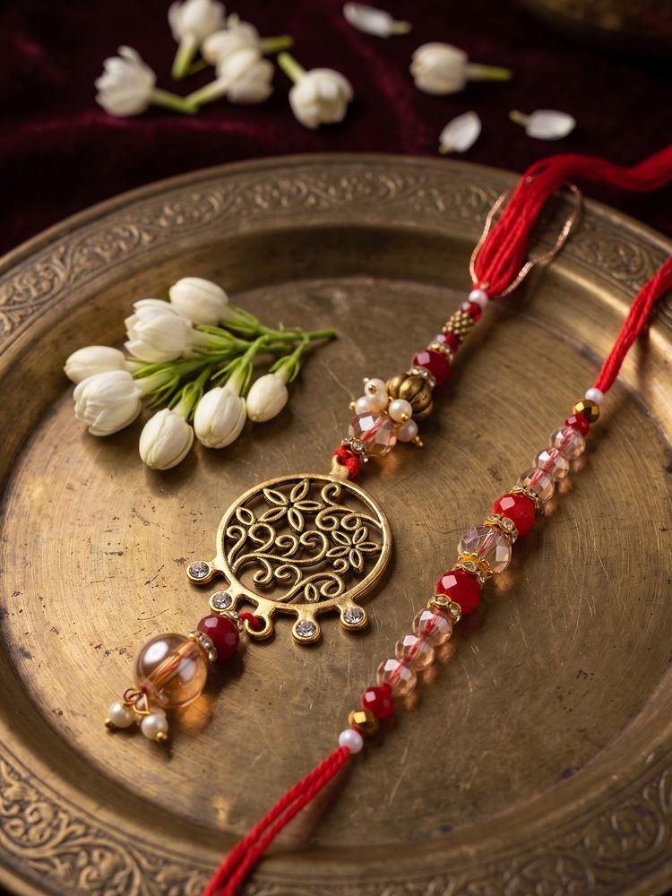 NVR Set of 2 Gold Toned Artificial Stones & Beads Bhaiya Bhabhi Rakhi with Roli Chawal