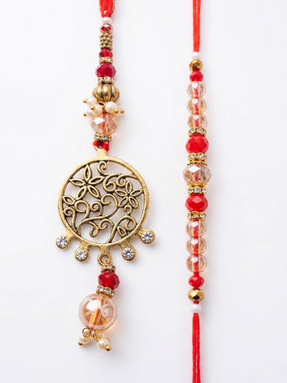 NVR Set of 2 Gold Toned Artificial Stones & Beads Bhaiya Bhabhi Rakhi with Roli Chawal