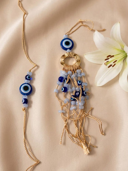 NVR Set of 2 Gold Toned Round Evil Eye Bhaiya Bhabhi Rakhi with Roli Chawal Chandan Mishri