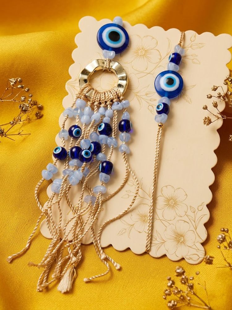 NVR Set of 2 Gold Toned Round Evil Eye Bhaiya Bhabhi Rakhi with Roli Chawal Chandan Mishri