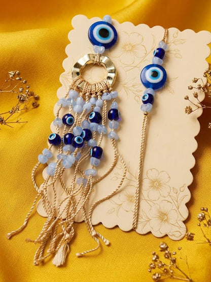NVR Set of 2 Gold Toned Round Evil Eye Bhaiya Bhabhi Rakhi with Roli Chawal Chandan Mishri