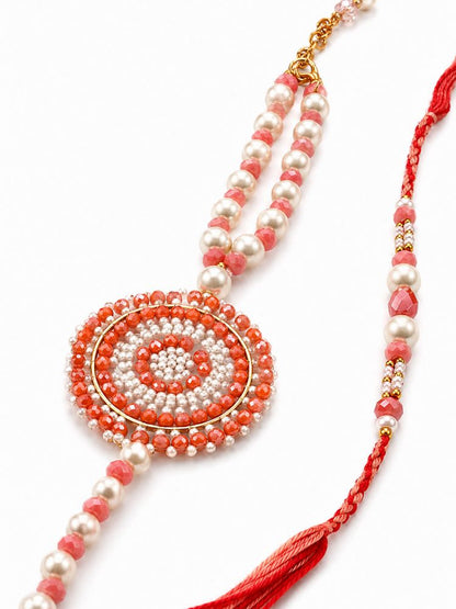 NVR Set of 2 Gold Toned Pearls & Beads Round Shape Bhaiya Bhabhi Rakhi with Roli Chawal