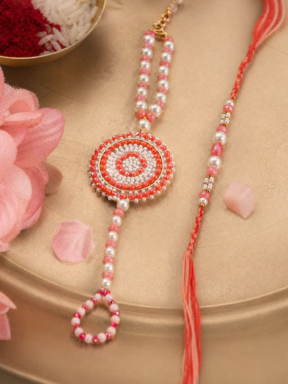 NVR Set of 2 Gold Toned Pearls & Beads Round Shape Bhaiya Bhabhi Rakhi with Roli Chawal