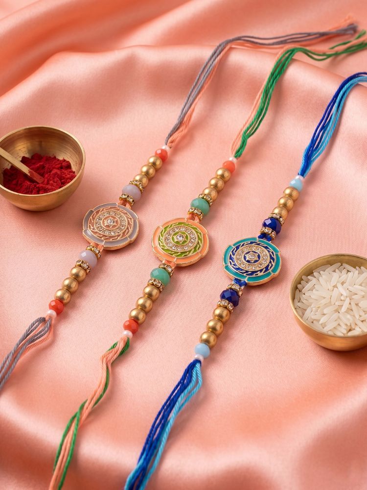 NVR Set of 3 Floral Design Multicolor Artificial Beads Thread Rakhi With Roli Chawal