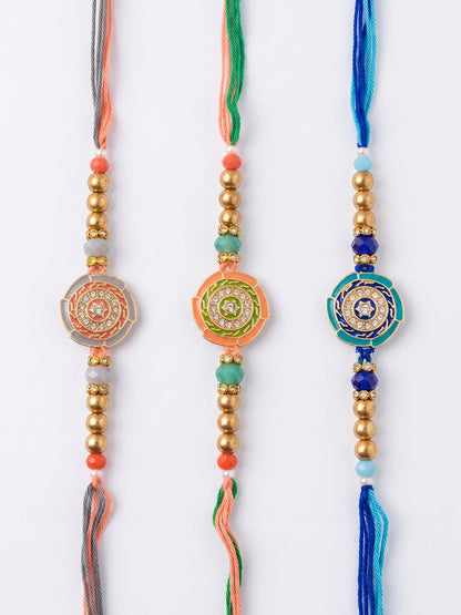 NVR Set of 3 Floral Design Multicolor Artificial Beads Thread Rakhi With Roli Chawal