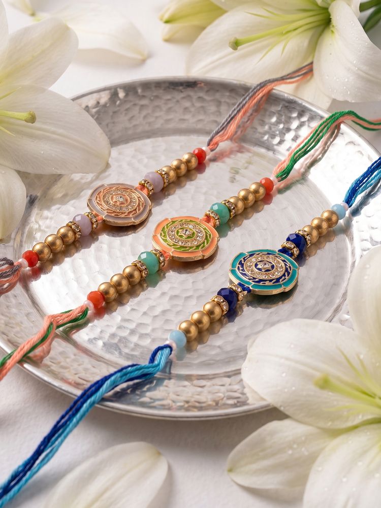 NVR Set of 3 Floral Design Multicolor Artificial Beads Thread Rakhi With Roli Chawal