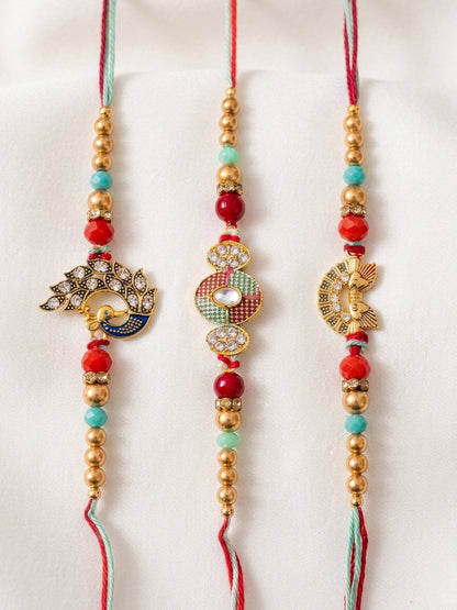 NVR Set of 3 Artificial Stones & Beads Decorative Thread Rakhi with Roli Chawal Chandan