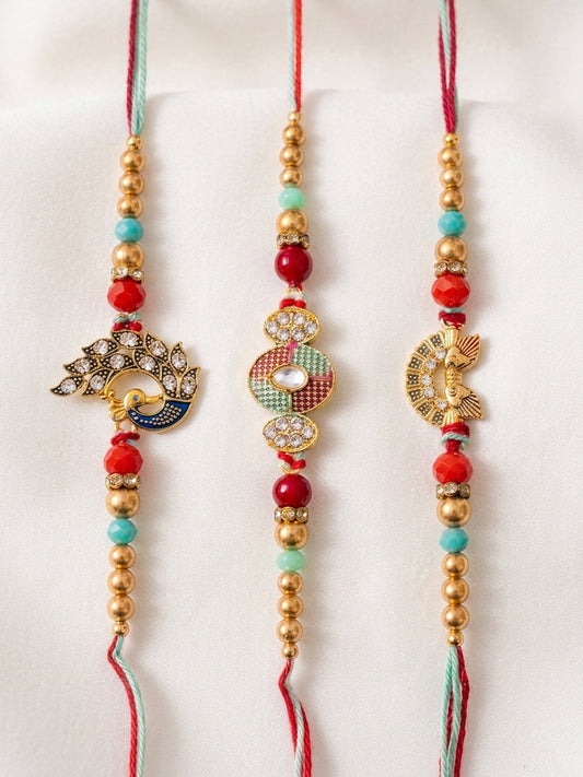 NVR Set of 3 Artificial Stones & Beads Decorative Thread Rakhi with Roli Chawal Chandan