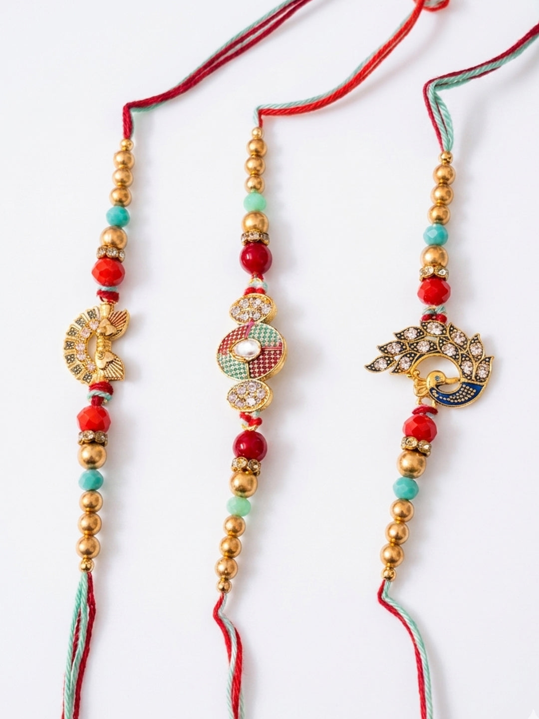 NVR Set of 3 Artificial Stones & Beads Decorative Thread Rakhi with Roli Chawal Chandan