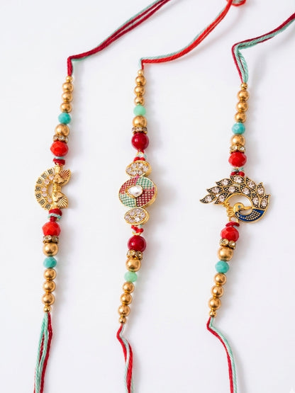 NVR Set of 3 Artificial Stones & Beads Decorative Thread Rakhi with Roli Chawal Chandan