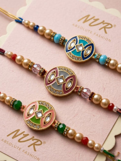 NVR Set of 3 Multicolor Artificial Stones & Beads Thread Rakhi with Roli Chawal Chandan