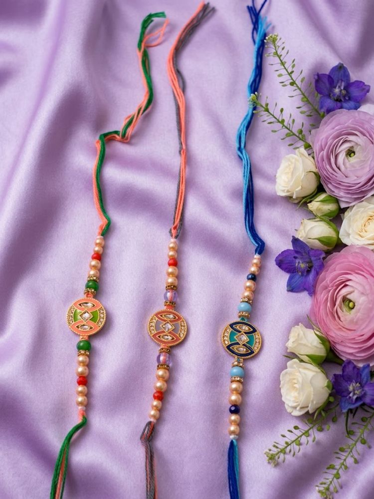 NVR Set of 3 Multicolor Artificial Stones & Beads Thread Rakhi with Roli Chawal Chandan