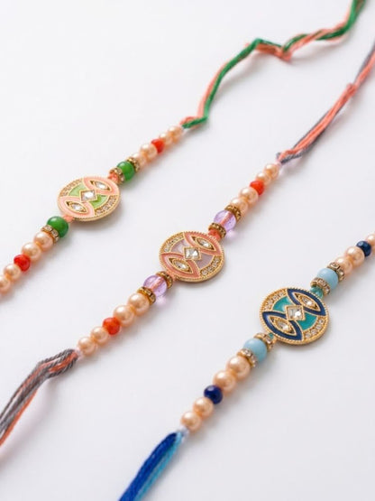 NVR Set of 3 Multicolor Artificial Stones & Beads Thread Rakhi with Roli Chawal Chandan
