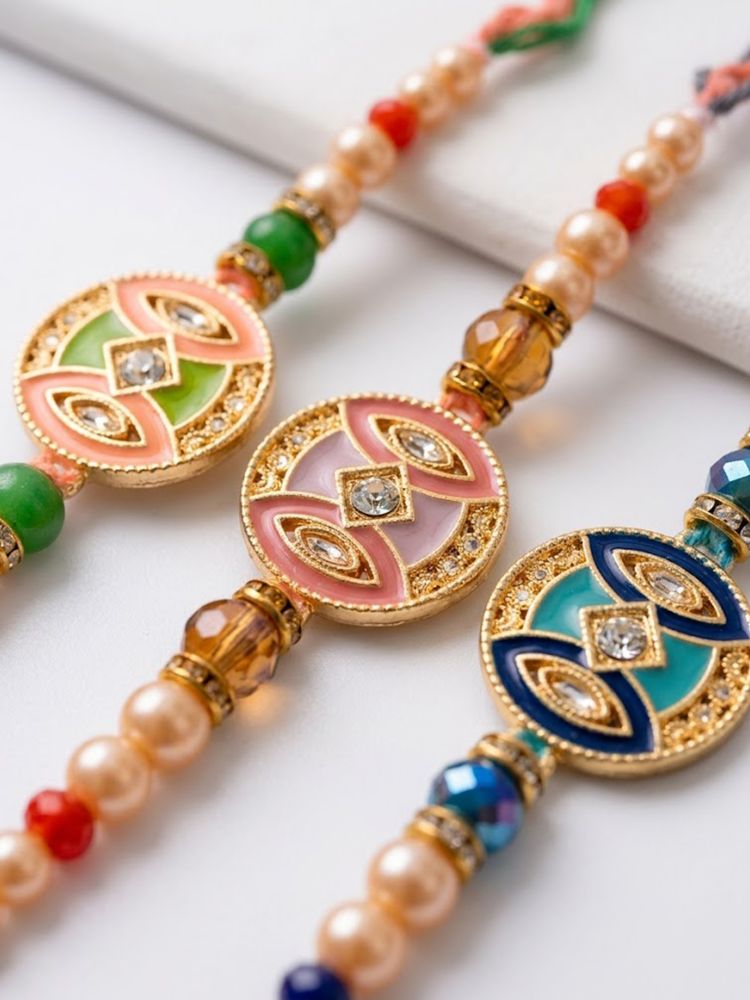 NVR Set of 3 Multicolor Artificial Stones & Beads Thread Rakhi with Roli Chawal Chandan