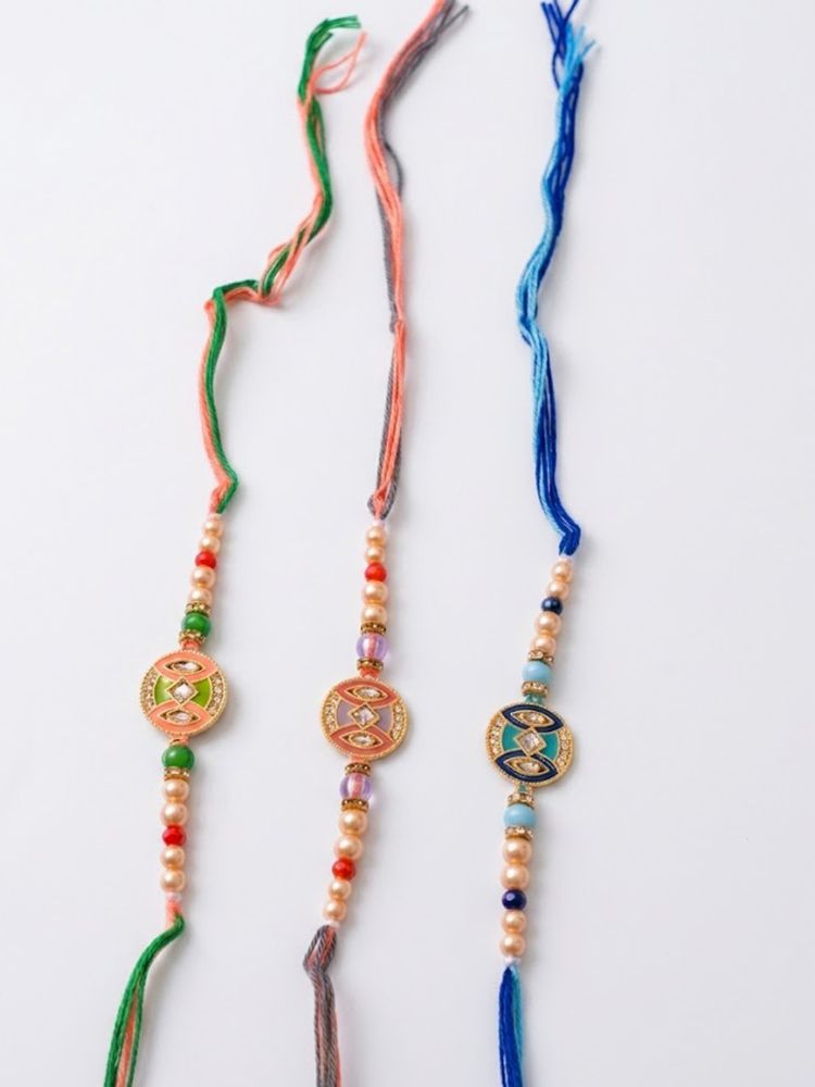 NVR Set of 3 Multicolor Artificial Stones & Beads Thread Rakhi with Roli Chawal Chandan