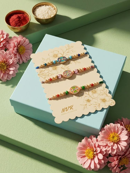 NVR Set of 3 Multicolor Artificial Stones & Beads Thread Rakhi with Roli Chawal Chandan
