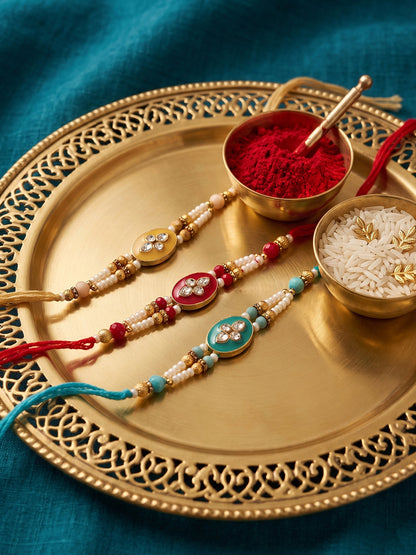 NVR Set of 3 Multicolor Artificial Beads & White Pearls Thread Rakhi with Roli Chawal
