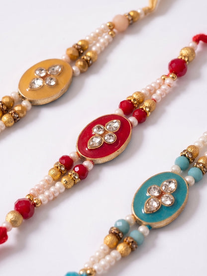 NVR Set of 3 Multicolor Artificial Beads & White Pearls Thread Rakhi with Roli Chawal
