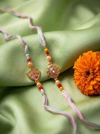 NVR Set of 2 Gold Toned Artificial Stones & Beads Thread Rakhi with Roli Chawal Chandan