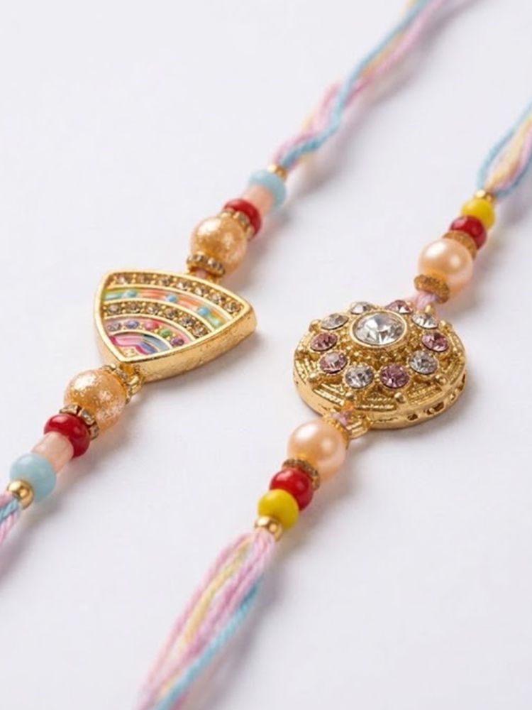 NVR Set of 2 Gold Toned Artificial Stones & Beads Thread Rakhi with Roli Chawal Chandan