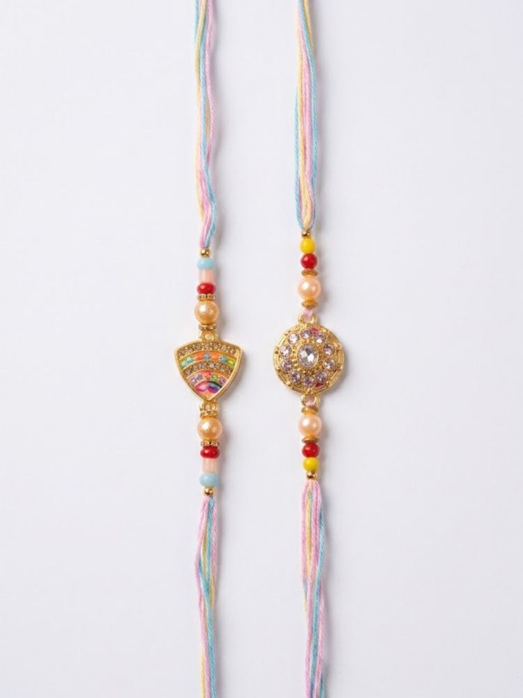 NVR Set of 2 Gold Toned Artificial Stones & Beads Thread Rakhi with Roli Chawal Chandan