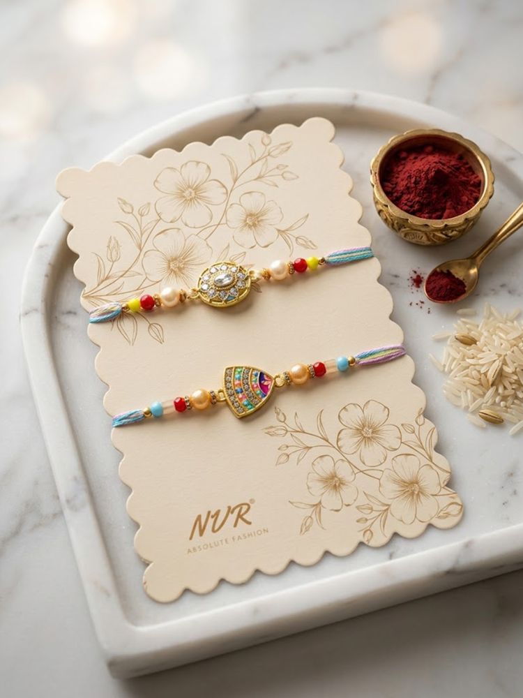 NVR Set of 2 Gold Toned Artificial Stones & Beads Thread Rakhi with Roli Chawal Chandan