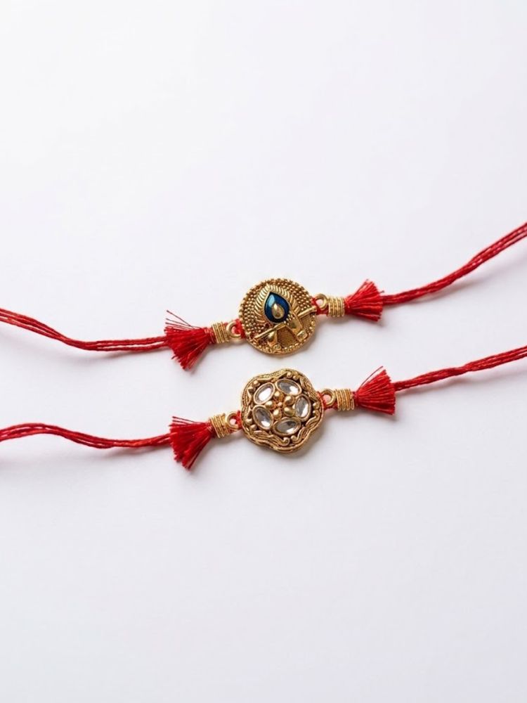 NVR Set of 2 Gold Toned Artificial Stones Thread Rakhi with Roli Chawal Chandan Mishri