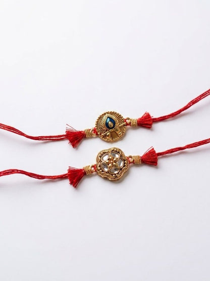 NVR Set of 2 Gold Toned Artificial Stones Thread Rakhi with Roli Chawal Chandan Mishri