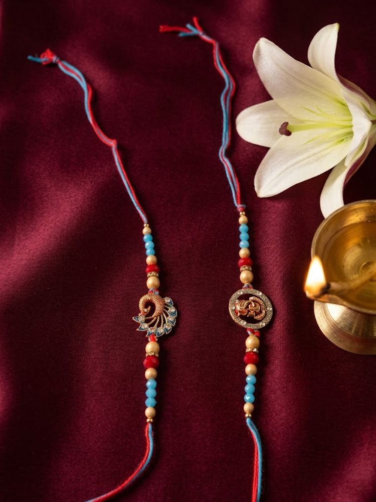 NVR Set of 2 Multicolor Artificial Beads Thread Rakhi with Roli Chawal Chandan Mishri