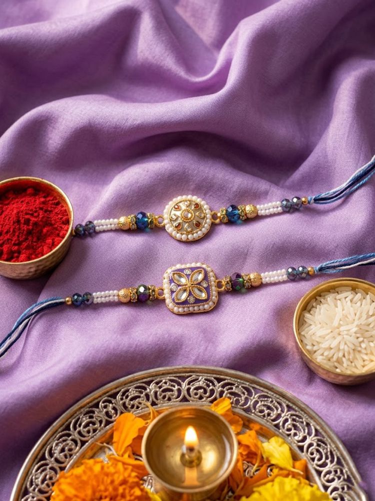 NVR Set of 2 White Pearls Thread Rakhi with Roli Chawal Chandan Mishri