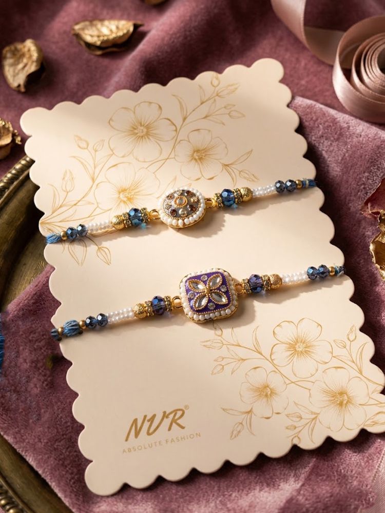 NVR Set of 2 White Pearls Thread Rakhi with Roli Chawal Chandan Mishri