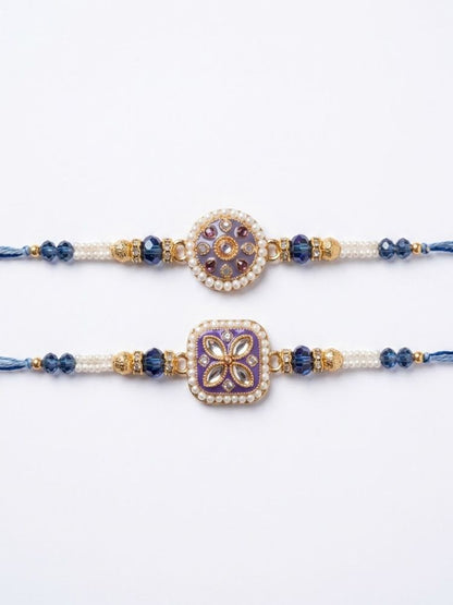 NVR Set of 2 White Pearls Thread Rakhi with Roli Chawal Chandan Mishri