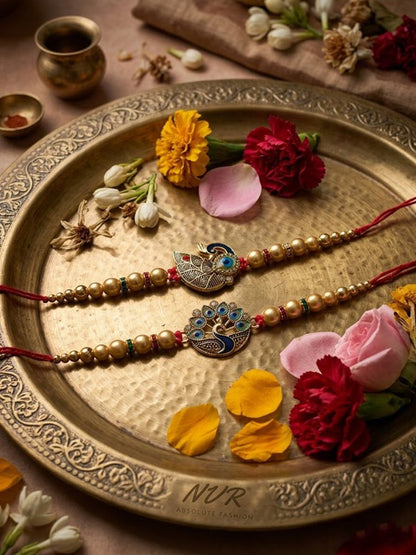 NVR Set of 2 Peacock & Ghungroo Design Multicolor Thread Rakhi with Roli Chawal Chandan