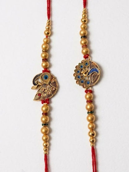 NVR Set of 2 Peacock & Ghungroo Design Multicolor Thread Rakhi with Roli Chawal Chandan