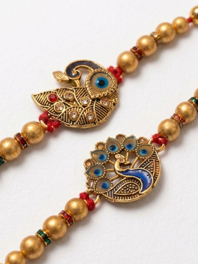 NVR Set of 2 Peacock & Ghungroo Design Multicolor Thread Rakhi with Roli Chawal Chandan
