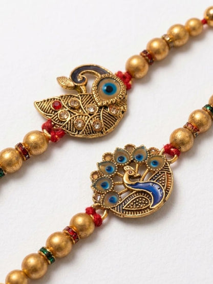 NVR Set of 2 Peacock & Ghungroo Design Multicolor Thread Rakhi with Roli Chawal Chandan
