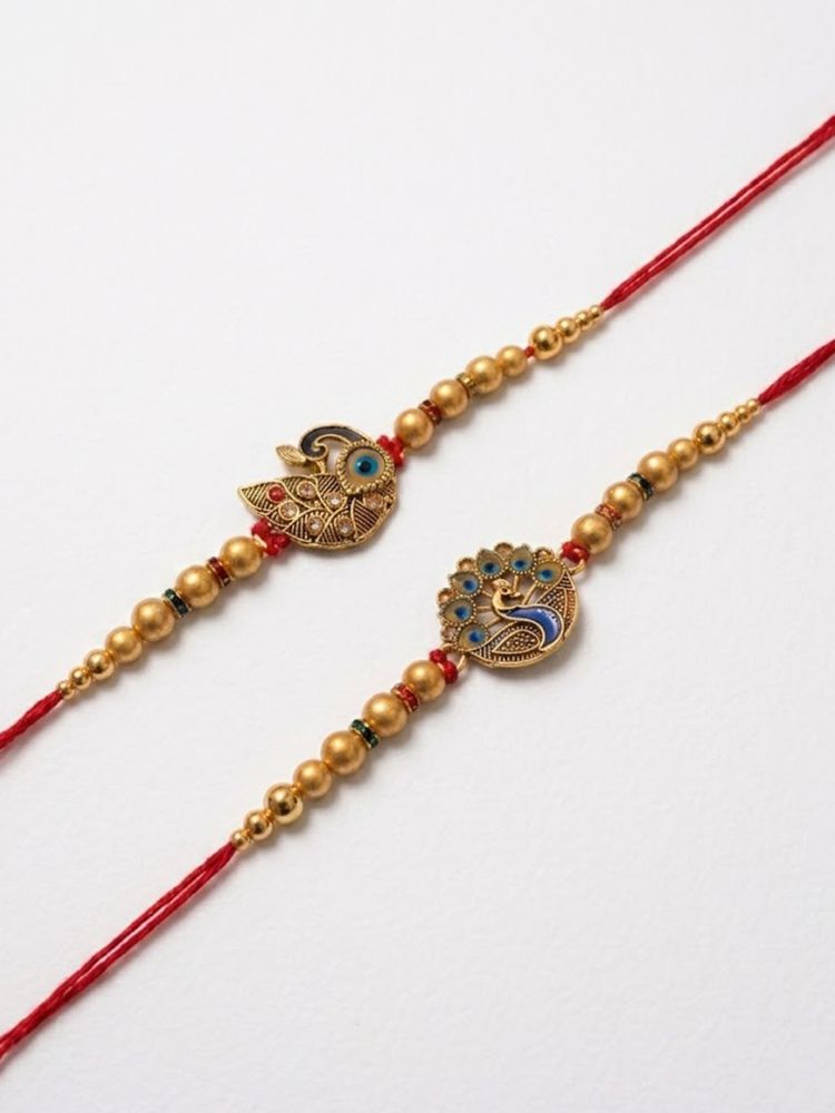 NVR Set of 2 Peacock & Ghungroo Design Multicolor Thread Rakhi with Roli Chawal Chandan