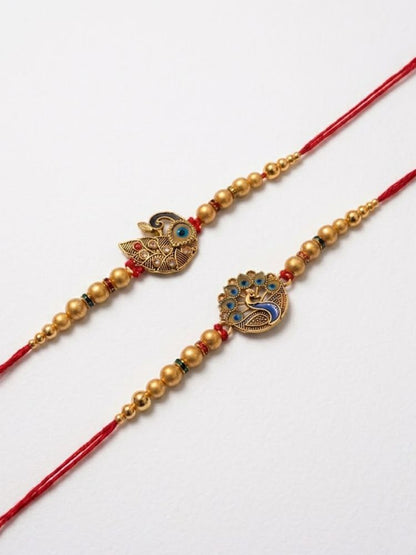 NVR Set of 2 Peacock & Ghungroo Design Multicolor Thread Rakhi with Roli Chawal Chandan