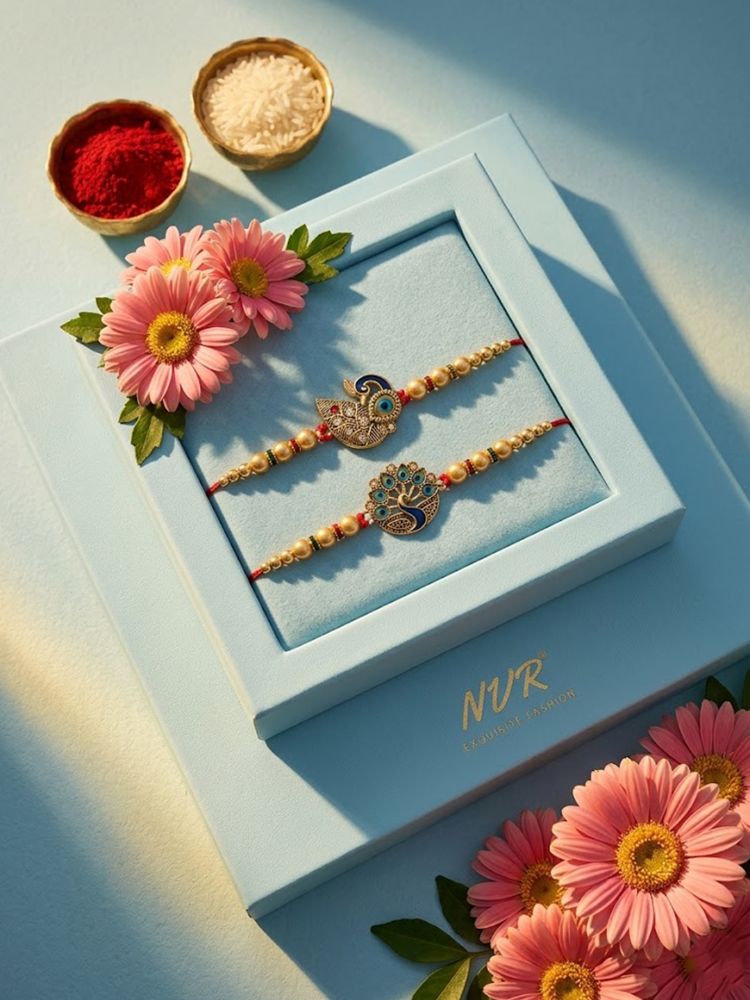 NVR Set of 2 Peacock & Ghungroo Design Multicolor Thread Rakhi with Roli Chawal Chandan