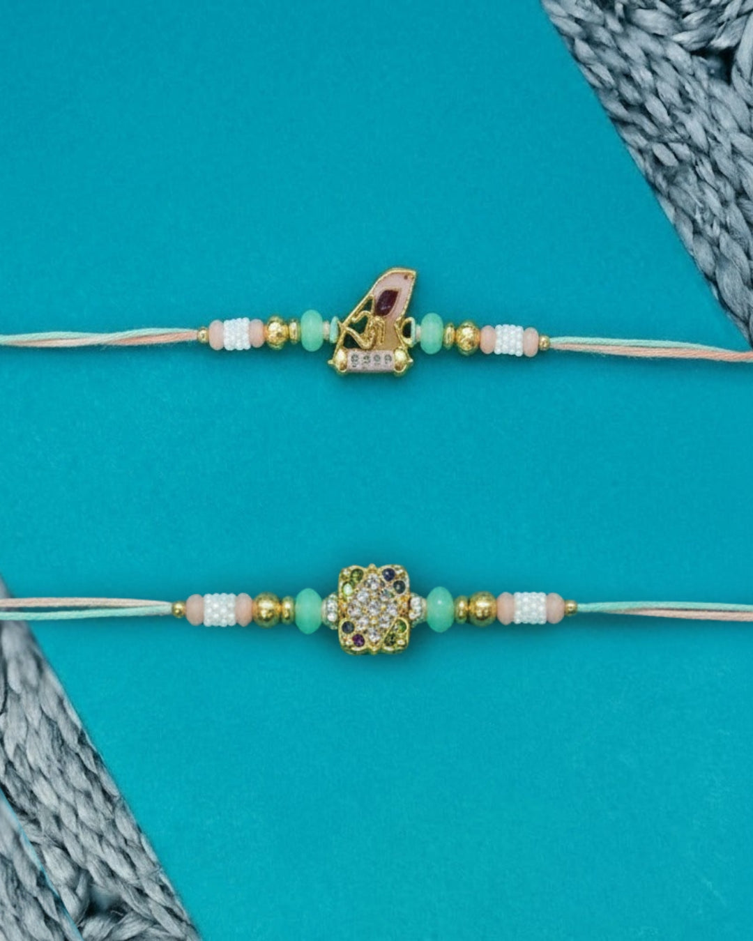 NVR Set of 2 Artificial Stones & Beads Thread Rakhi with Roli Chawal Chandan Mishri