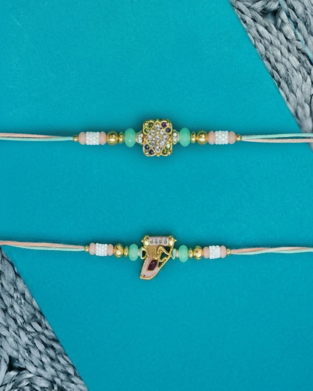 NVR Set of 2 Artificial Stones & Beads Thread Rakhi with Roli Chawal Chandan Mishri