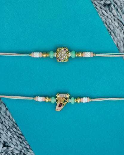 NVR Set of 2 Artificial Stones & Beads Thread Rakhi with Roli Chawal Chandan Mishri