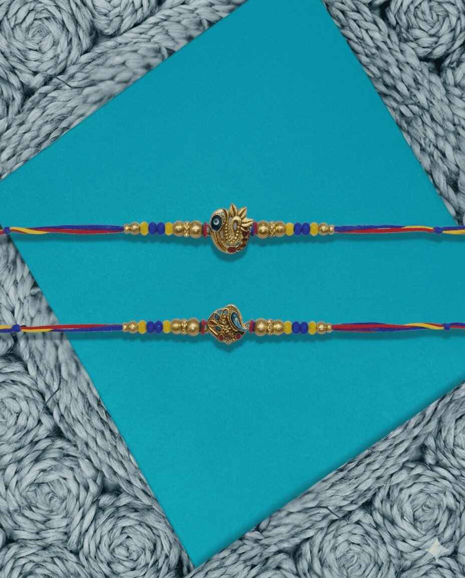 NVR Set of 2 Peacock Design Thread Rakhi with Roli Chawal Chandan Mishri