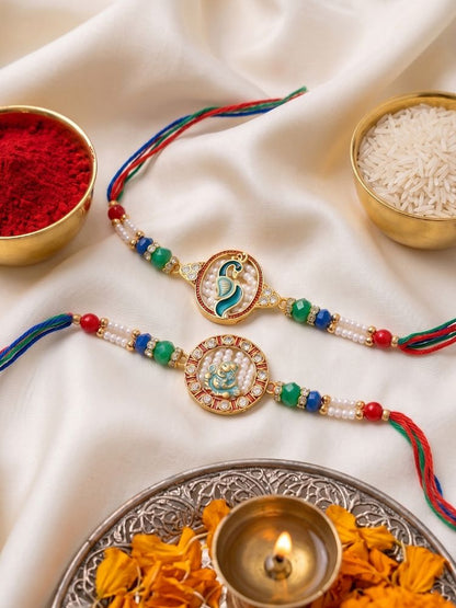 NVR Set of 2 Multicolor Peacock Design Rakhi with Roli Chawal Chandan Mishri
