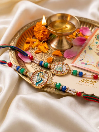 NVR Set of 2 Multicolor Peacock Design Rakhi with Roli Chawal Chandan Mishri