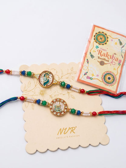 NVR Set of 2 Multicolor Peacock Design Rakhi with Roli Chawal Chandan Mishri