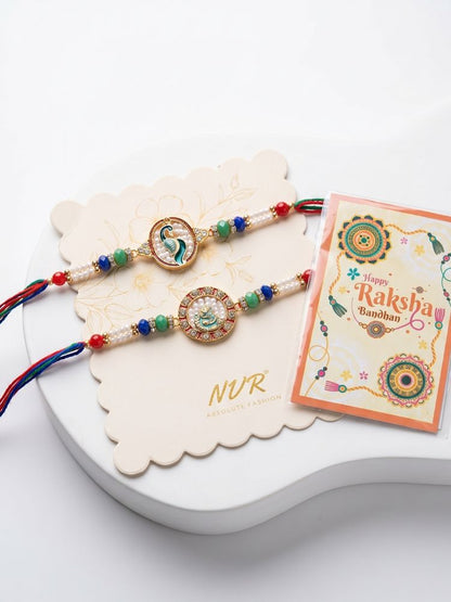 NVR Set of 2 Multicolor Peacock Design Rakhi with Roli Chawal Chandan Mishri
