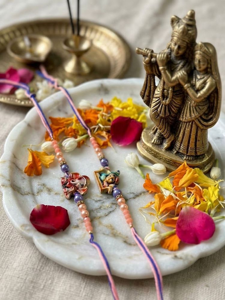 NVR Set of 2 Krishna Ji & Ganesh Ji Beaded Religious Thread Rakhi with Roli Chawal