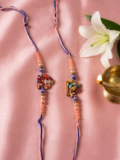 NVR Set of 2 Krishna Ji & Ganesh Ji Beaded Religious Thread Rakhi with Roli Chawal