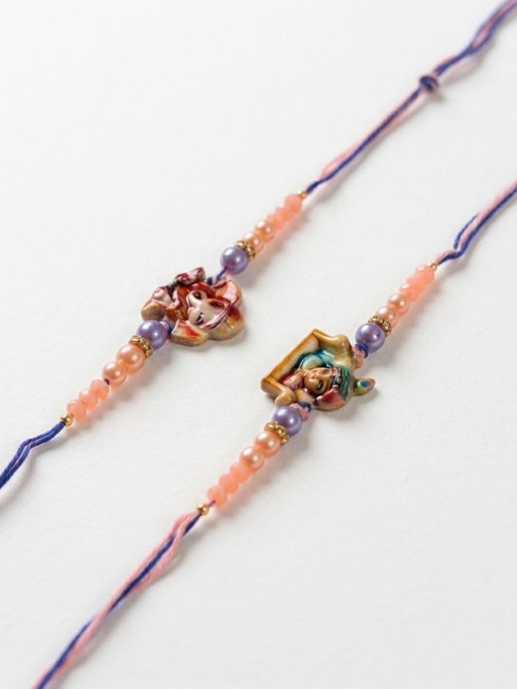 NVR Set of 2 Krishna Ji & Ganesh Ji Beaded Religious Thread Rakhi with Roli Chawal